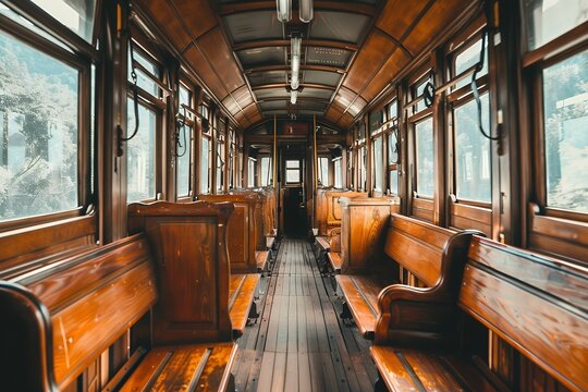 Vintage wooden train interior with rows of seats and windows
