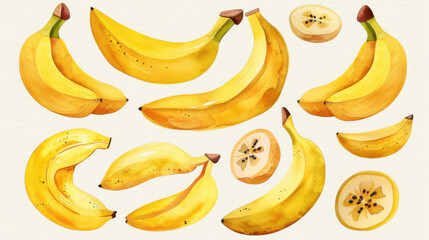 Set of vibrant watercolor banana illustrations on a clean white background.