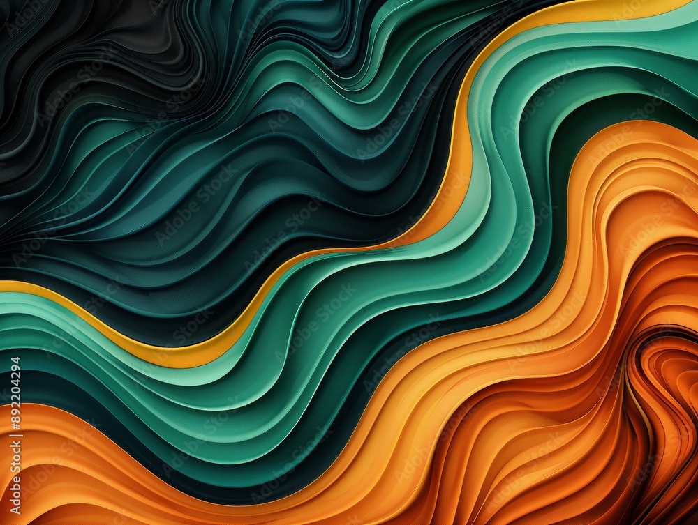 Poster abstract colorful wavy layers in orange, green, and black tones, creating a vibrant and dynamic text