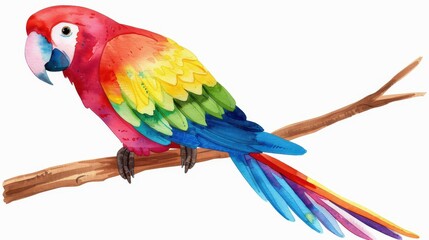 Fototapeta premium Colorful parrot perched on a branch, vibrant watercolor illustration on white background.