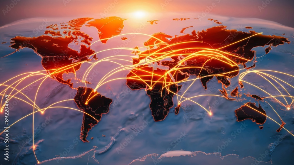 Poster an intricate network of glowing lines connecting the continents, symbolizing the global connectivity