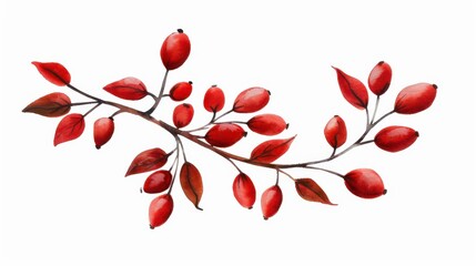 Detailed watercolor illustration of a vibrant barberry branch with red berries on a white backdrop.