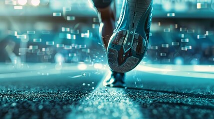 Runner's Foot Crossing Finish Line with Digital Data Overlay