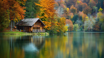 Fototapeta premium a peaceful autumn scene featuring a wooden cabin by the edge of a calm lake