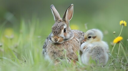 Fototapeta premium Rabbit and chick hugging to each other in the field