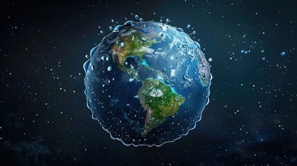 Obraz premium A conceptual render of Earth with water droplets forming the continents against a dark space background, highlighting the importance of water conservation for the planet.