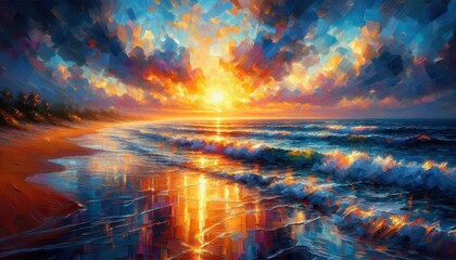 Fototapeta premium Sunlit Shore: Watercolor Beach Scene
