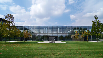 Fototapeta premium a modern building with a large glass facade and a distinctive rectangular structure. In front of the building
