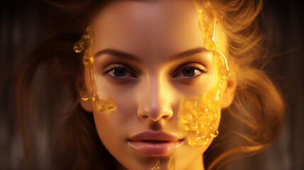 Obraz premium Beautiful woman's face anointed with honey, Skin care and beauty.