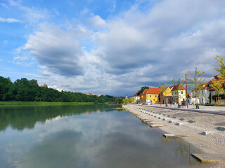 river Drava in Maribor. Europe. Clouds and blue sky