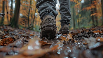 A close-up of a man hiking in the forest with a focus on muddy shoes and fallen leaves