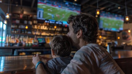 A man and a child watching a soccer game