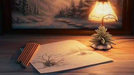 A cozy winter scene with graphite pencils beside a sketch of a winter landscape on white paper, lit by a seasonal themed desk lamp with a base shaped like a pine tree, casting a gentle, festive glow.