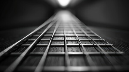 Present a monochrome close-up of guitar strings Capture the parallel lines and varying thicknesses of the strings Use dramatic lighting to create strong shadows and highlight the m