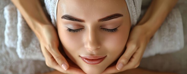Naklejka premium Woman Enjoying a Relaxing Facial Massage at Spa with Towel Wrap and Closed Eyes