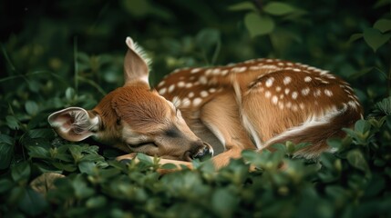 A baby deer is laying down in the grass