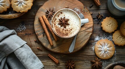 A cup of coffee and some cookies on a table