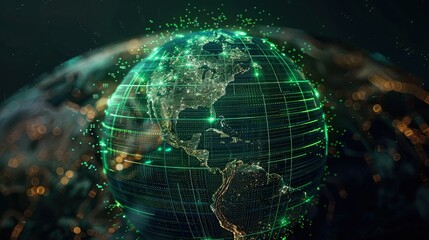 A digital globe with pulsating green lights spreading across continents, illustrating the growth of renewable energy sources like wind and solar around the world.