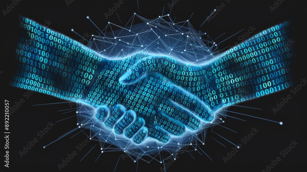 Poster two digital hands, intricately designed with binary numbers
