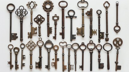 Obraz premium Set of vintage keys arranged artistically on a white background