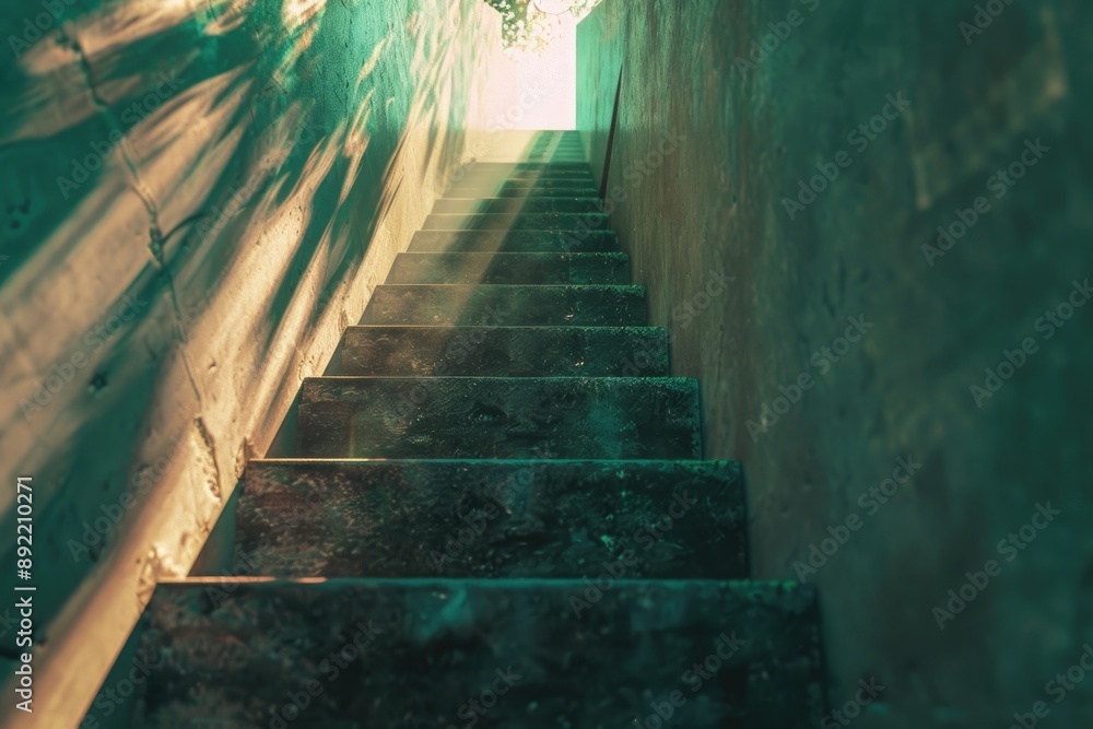 Poster a photo of a stairway leading to the top of a building, great for use in architecture or constructio