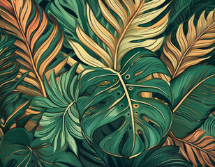 Detailed Monstera Leaves and Palm Fronds in a Layered Pattern