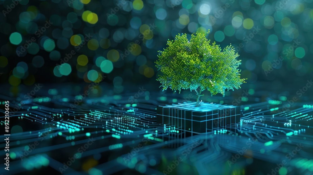Poster tree growing on circuit digital cube. digital and technology