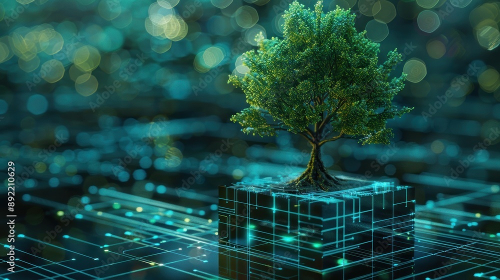 Poster tree growing on circuit digital cube. digital and technology