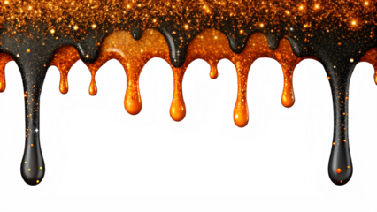 Dripping glossy halloween black orange slime texture isolated on transparent background illustration. Border of flowing sticky sweet goo. Cream, jelly or caramel glaze for cake , donut,PNG
