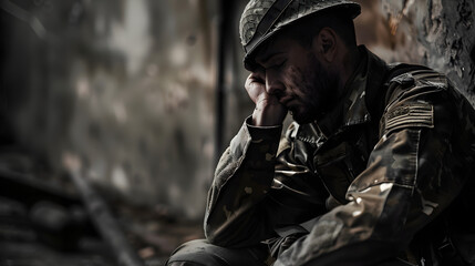 Obraz premium Solitary soldier in contemplation, a powerful image for documentary projects and editorial on war and peace