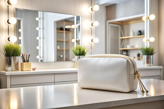 Cosmetic bag mockup template on white table on modern clothet room background. Copy space. Blank beige canvas cosmetic bag.
