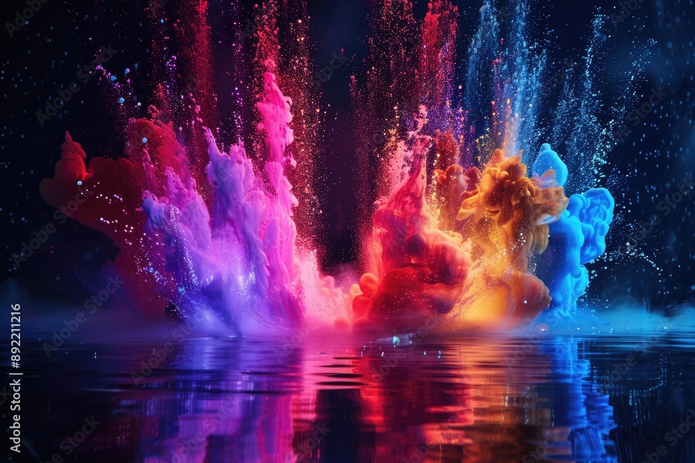 Poster A vibrant display of colorful powder exploding in the water, ideal for use as a background or visual effect