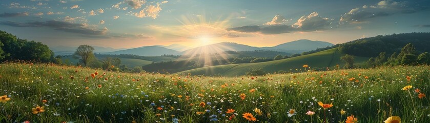 Fototapeta premium Sunburst over a picturesque countryside with rolling hills and wildflowers