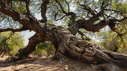 Obraz premium a large, ancient tree with a wide, gnarled trunk and sprawling branches. The bark has deep grooves and twists, indicating its old age