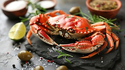 Roast crabs and crabs come with olive relish lime zest or salt on a stone