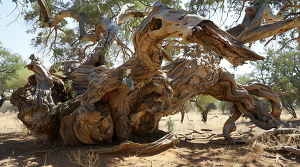 Naklejka premium a large, ancient tree with a wide, gnarled trunk and sprawling branches. The bark has deep grooves and twists, indicating its old age
