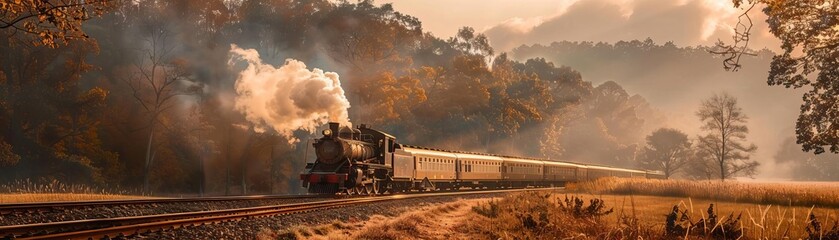Vintage travel scene with classic train journey through picturesque countryside