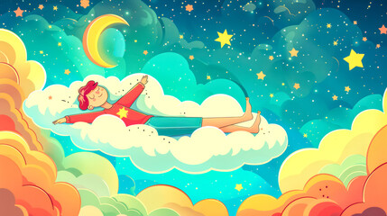 Young boy sleeping peacefully in sky surrounded by stars and crescent moon