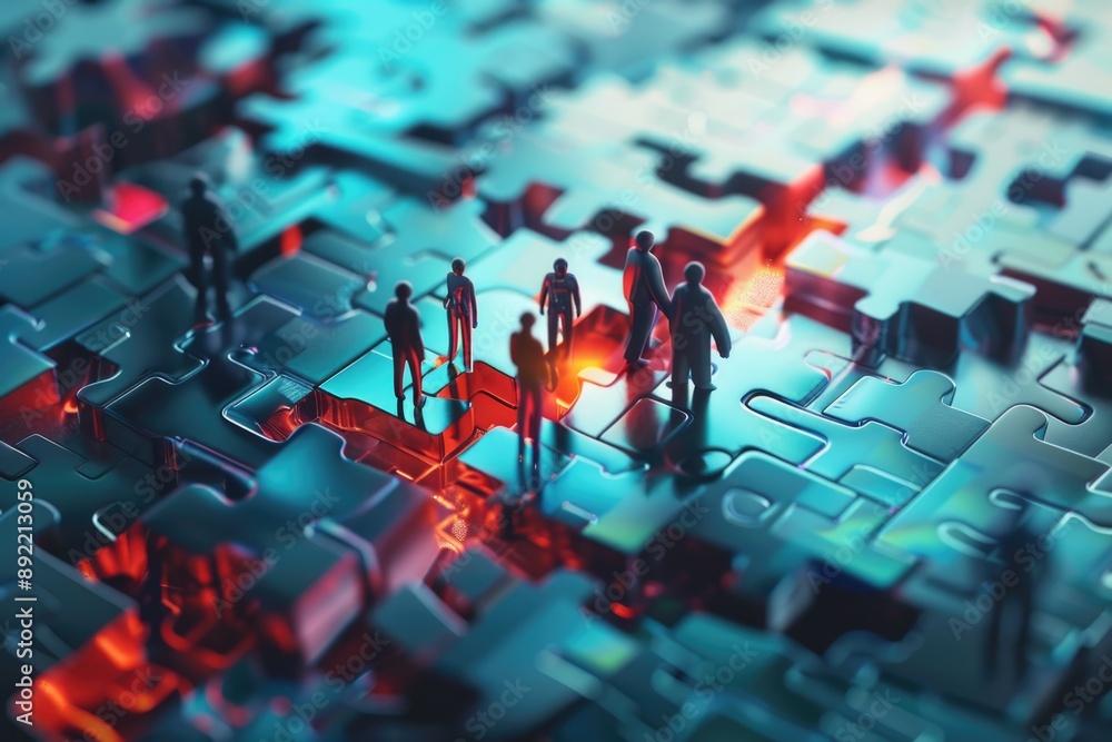 Poster group of people standing on top of a large puzzle piece, with a cityscape in the background