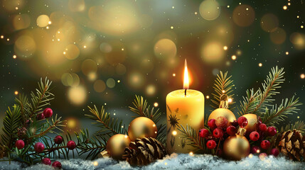 Christmas candle centerpiece with greenery Merry Christmas background.