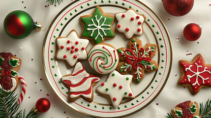 Christmas cookies on a decorated plate Merry Christmas background.