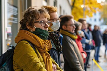 Fototapeta premium People standing in line to vote during autumn season outdoor