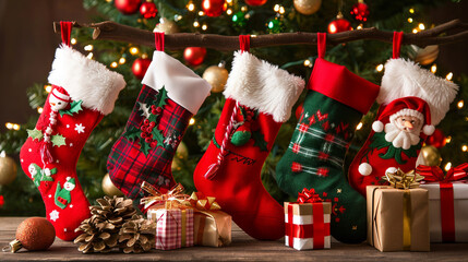 Christmas stockings filled with presents Merry Christmas background.