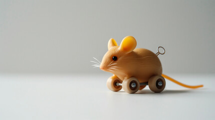 clockwork mouse on wheels made of orange beige plastic isolated white background cat toy concept