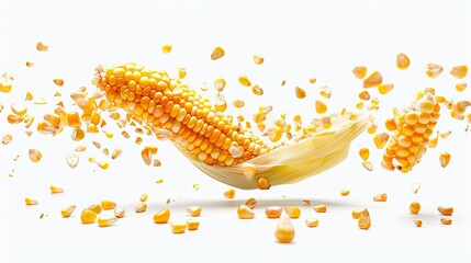 Fototapeta premium Broken flying sweet corn cob with grains isolated on white. Design element for product label catalog print.
