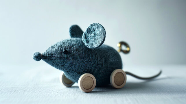 clockwork mouse on wheels made of soft blue fabric isolated white background cat toy concept