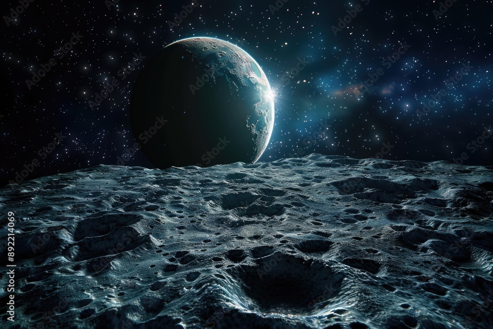 Poster Image of the moon's surface taken from ground level, suitable for use in astronomy or space-related contexts