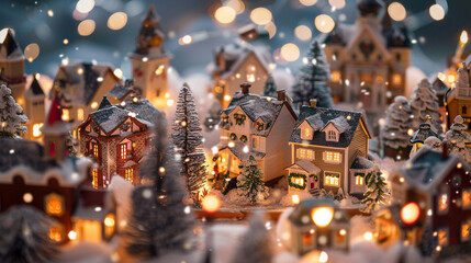 Christmas village with lit houses and snow Merry Christmas background.