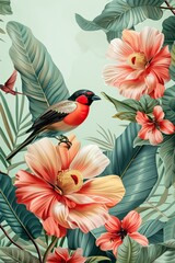 32. Tropical botanical print with large flowers, leaves, and exotic birds. High resolution, very detailed, Isolated on pastel background