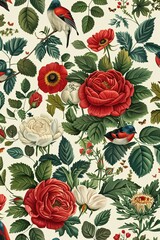 37. Seamless design of roses, peonies, and lush greenery with small animals. High resolution, very detailed, Isolated on pastel background